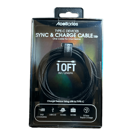 Acellories Sync & Charge Cable USB To Type-C Black 10 FT