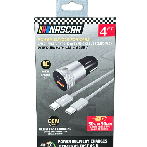Nascar Car Charger 2IN1, Type C to Type C- 4 FT Silver