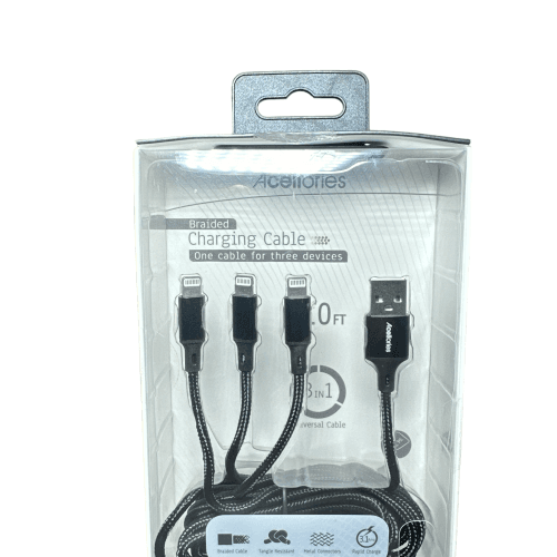 Acellories 3 in 1 Charging Cable – 10 FT- Black